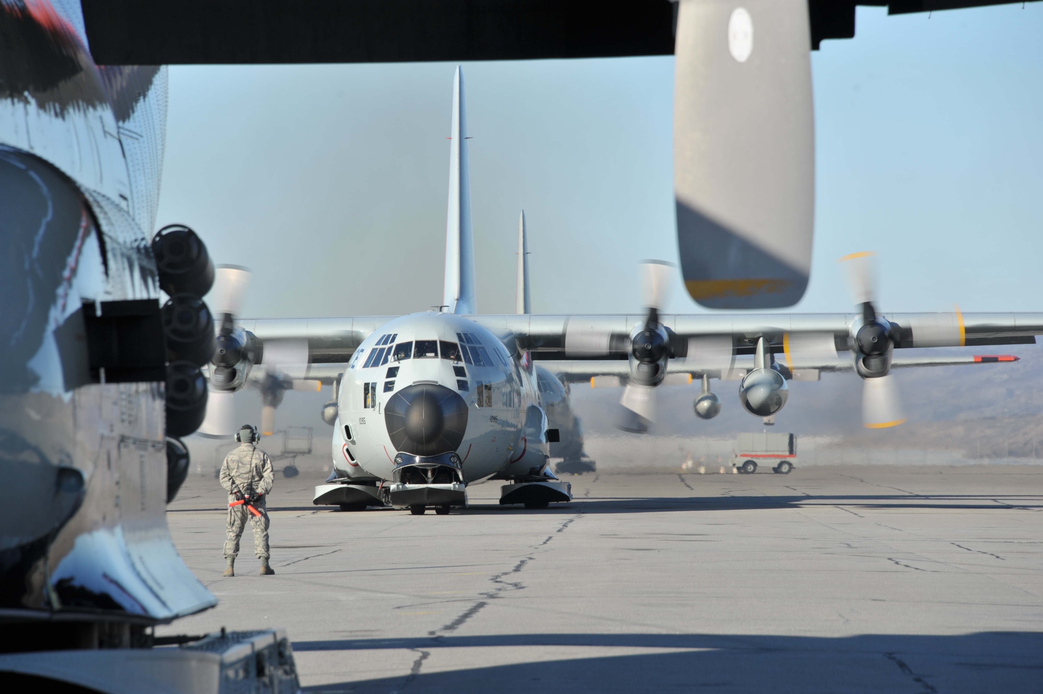 Ski-equipped LC-130 Hercules getting ready for take-off in Kangerlussuaq airport